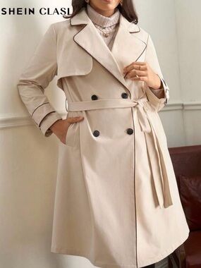 Beige Double-Breasted Trench Coat with Belt
